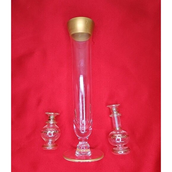 Crystal Bud Vase Set of 3 Gold 24K Trim Mini Footed Slender Flute - Picture 11 of 13